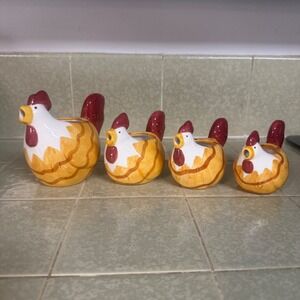 Ceramic Rooster Measuring Cups Set of 4 Farmhouse Kitchen Decor Yellow Red